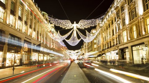 London, UK - 23.11.2016: Regent Street London Hyperlapse Time-Lapse, night, Christmas decoration. Long shutter speed, wide angle.