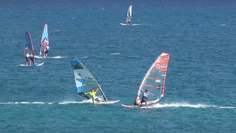 GREECE, LEFKADA, AUGUST 17, 2016 4K Windsurfing in Lefkada Greece, Water Sports View, Summer Fun Attractions