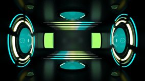 Circular lights and neon tubes in room with spinning telescope in a seamless loop. Use in music videos, broadcast, tv, film, editing, live visuals, VJ loops, shows, or art.