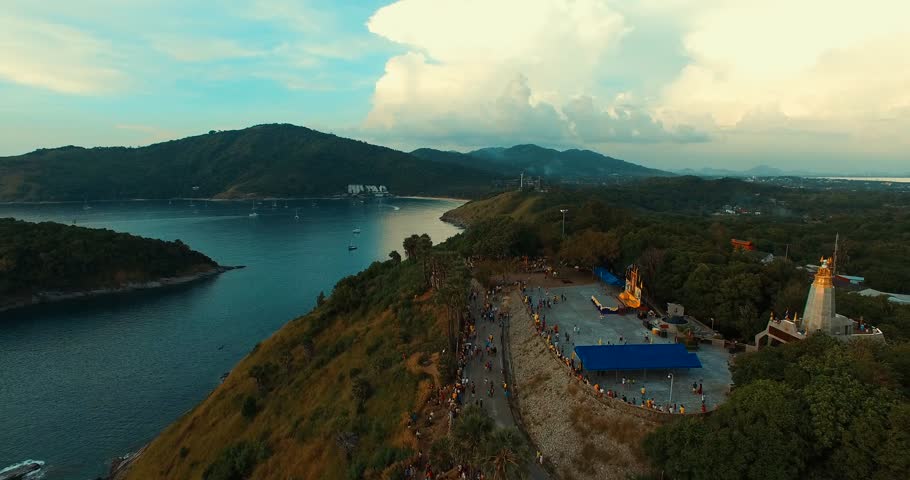 Aerial: Birds-eye view. Promthep Cape. Naiharn Beach.