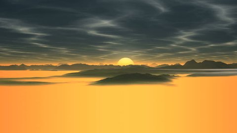 Bright Sunrise Over The Foggy Valley. Above the valley of thick bright yellow glowing fog. Due to horizon quickly rises and flashes yellow sun. The blue sky slowly floating wavy clouds.