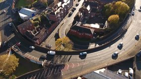 Tilting aerial shot of traffic in Stourbridge, UK.