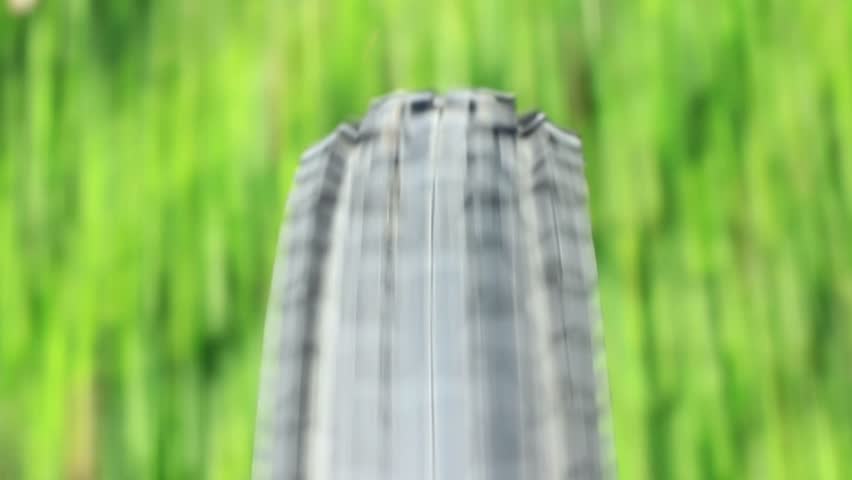 Closeup of bicycle wheel on dirt and grass