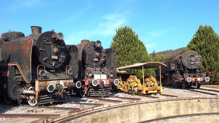 Selcuk, Turkey - 26th of October, 2016:  4K At the Selcuk locomotive museum - locomotive exposition at the open-air museum

