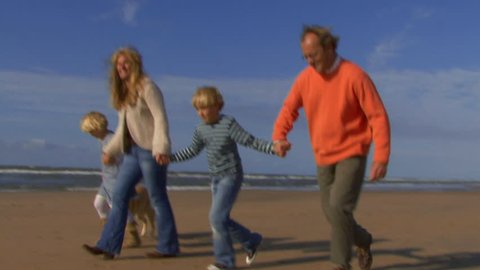 WIDE SHOT, Family with dog running hand in hand on beach Stock Video