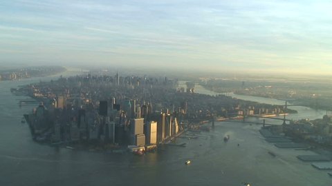 Aerial view approaching lower Manhattan