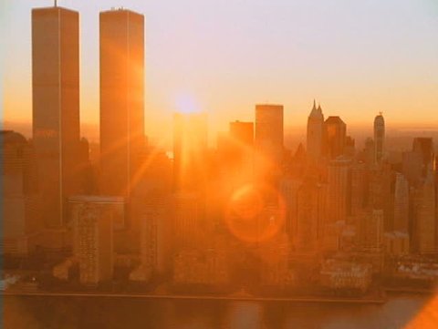 Sunlight passing through the Twin Towers, aerial view