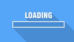 Loading bar animation on blue screen, white status bar animated, loading interface with motion graphics and long shadows 4k video 30fps