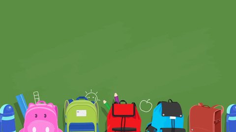 Back to school animated background ,school bags sliding on chalkboard background with kids drawing,video animation,loopable