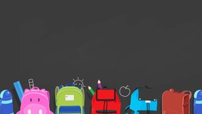 Back to school animated background ,school bags sliding on chalkboard background with kids drawing,video animation, loopable