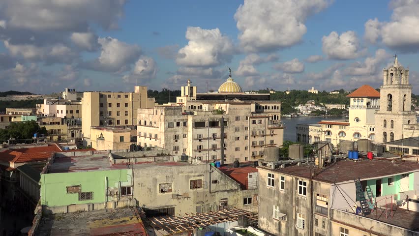 Old Havana (La Habana Vieja) skyline with the harbor, Sierra Maestra sea Terminal & Chamber of Commerce Building. Cuba