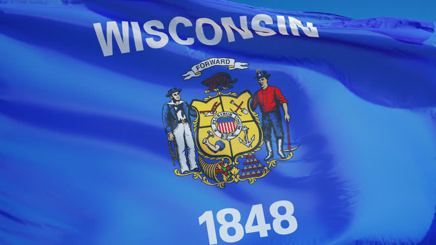 Wisconsin (U.S. state) flag waving in slow motion against blue sky, seamlessly looped, close up, isolated on alpha channel with black and white matte, perfect for film, news, composition