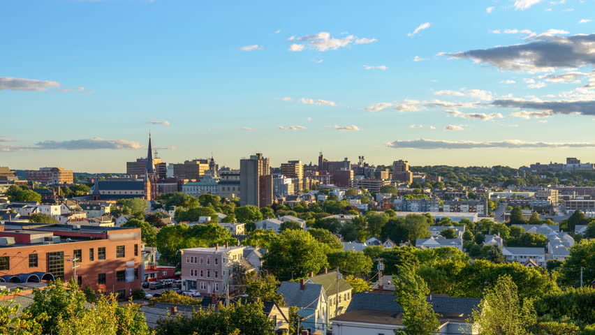 Portland, Maine, USA downtown skyline time lapse.