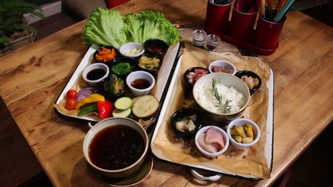Korean Set for Barbecue of Vegetables, Salad, Meat, Rice and Miso Soup