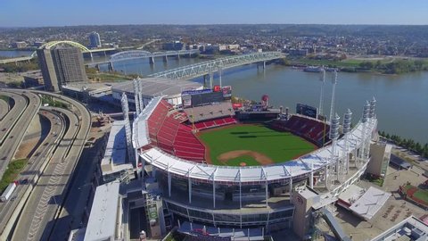 CINCINNATI, OH - NOVEMBER 7, 2016: Aerial video of the Great American Ballpark opened in 2003 located at 100 Joe Nuxhall Way home to the Cincinnati Reds Baseball team November 7, 2016 in Cincinnati OH, USA
