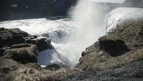 Slow motion dolly shot of beautiful and famous Gullfoss waterfall in Iceland
