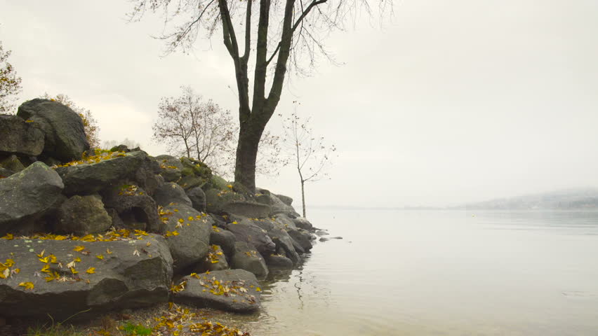 On the rocky shore of a lake in autumn in a cloudy day
