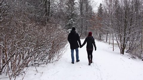 Young adult couple walk together at snowy rural park. Pair go forward holding hands, POV camera follow, they stop and look back. Twosome spend time together at winter season