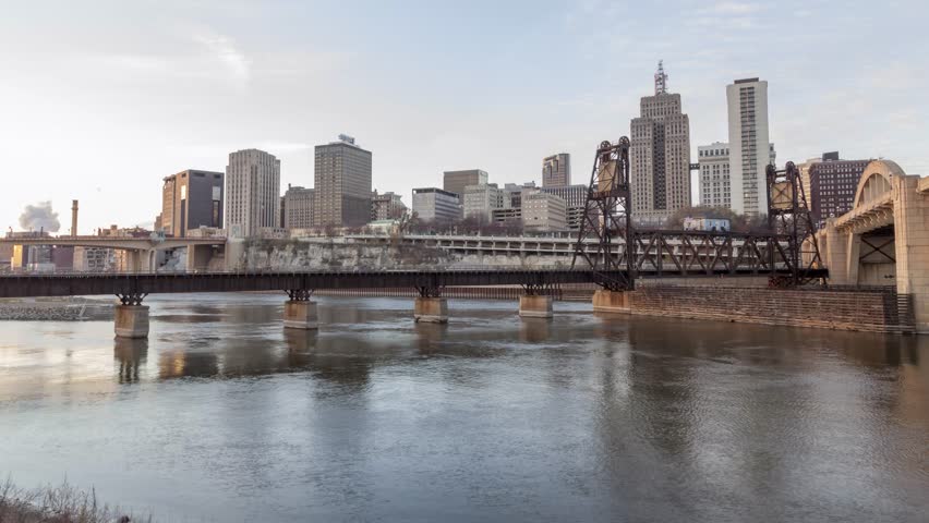 Sunset Falls on St Paul and the Mississippi River Wide Angle 4K UHD Timelapse