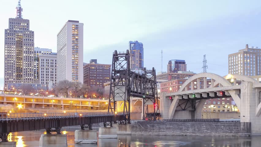 Bridges of St Paul, Minnesota over the Mississippi River at Twilight 4K UHD Timelapse