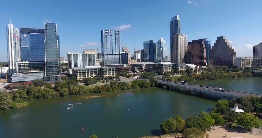 A rising moving aerial of Downtown Austin.