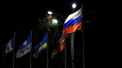 Russian and other government flags under street lantern lamps by night