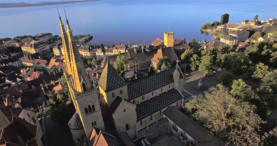 aerial view of Collegiale Church in Neuchatel, Switzerland