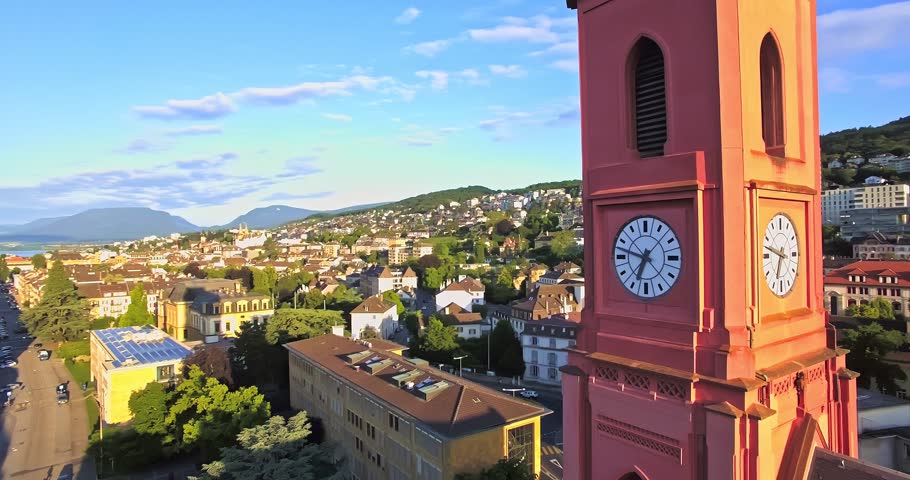 Aerial view of Red church in Neuchatel, Switzerland