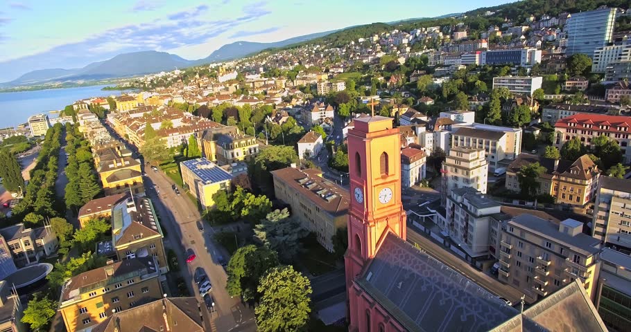 Aerial view of Red church in Neuchatel, Switzerland
