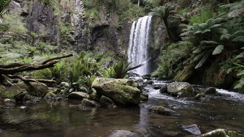 slider shot to the right of hopetoun falls on the great ocean road in victoria, australia