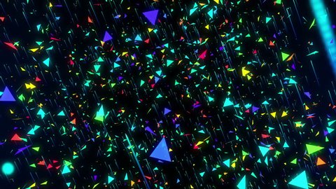 Seamless abstract animation geometric confetti triangle flying like rain. Colorful triangle in polygon shape scene moving and spinning rotate background for music, dance, and concert concept.
