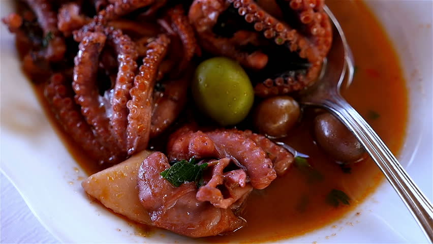 Close up of seafood plate with octopus
