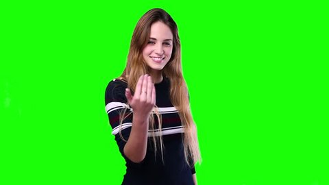 young woman inviting someone to come on green screen