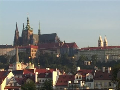 Morning panorama from Charles bridge to Prague castle and Little Quarter. RL panning.