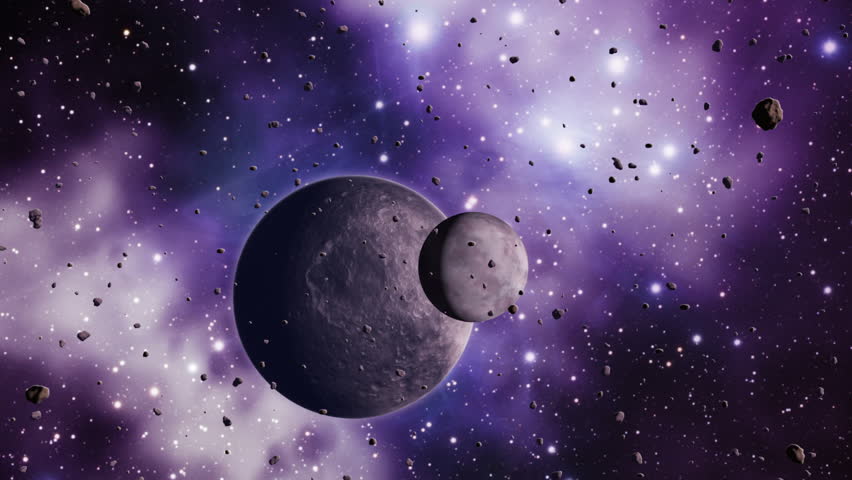 Space scene with asteroids and planets