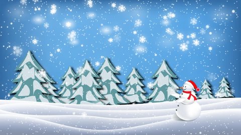 A snowman is walking through the winter spruce forest in snow. 