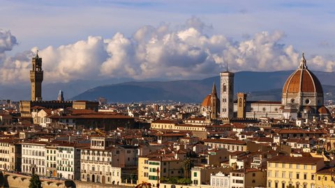 Beautiful views of Florence and Cathedral Santa Maria del Fiore, Florence, Italy. Cloudy sky, time-lapse.