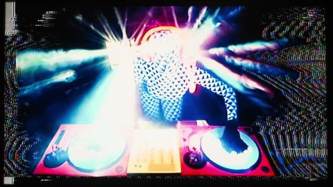 sexy female DJ mixes in a club in UV fluorescent costume.  this version has been distorted with video glitches and effects