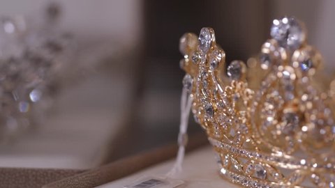 Diamond diadem with reflexion. Luxury Jewelry crown in wedding shop.