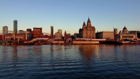 Amazing 4K Drone footage of the iconic Liverpool Skyline in the warm evening light. 