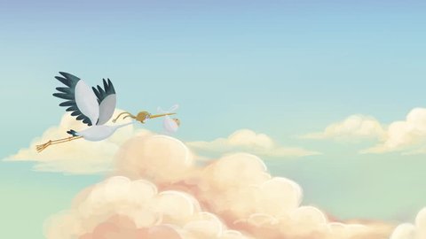 Stork with a baby flying among the clouds carried by a baby