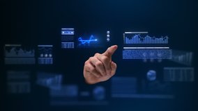 Male hand working on holographic interface. Financial. Blue. Man touching a visual screen with holographic computer icons. Financial diagrams appearing. More color options in my portfolio. - Powered by Shutterstock - Get 15% off with code: PIKWIZARD15