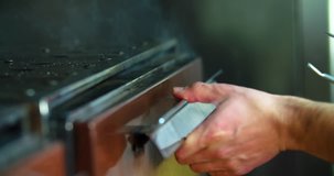 Chef prepares beef steak 4k video: flips meat in grill charcoal oven. Cooking  process on barbecue restaurant kitchen