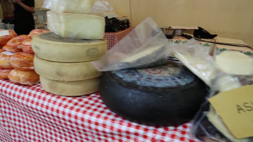 Budapest Meat Market: various cheeses displayed for sale on table