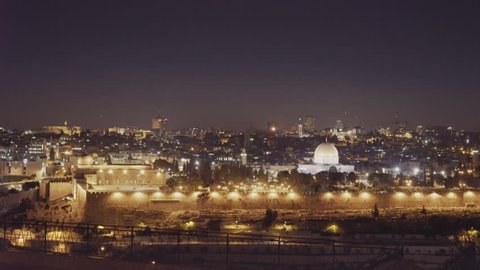 night time pan of the dome of the rock mosque and the temple mount in jerusalem, israel