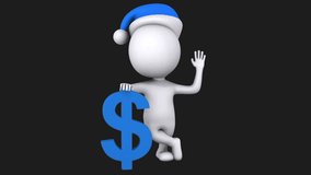 3d white man santa claus stand with blue dollar sign. Wave hello. Render christmas footage. Money concept.