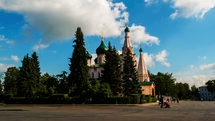 Time-lapse. Church of Elijah the Prophet in Yaroslavl, Russia with cloudy blue sky. It is a famous landmark in the city located at the Soviet square