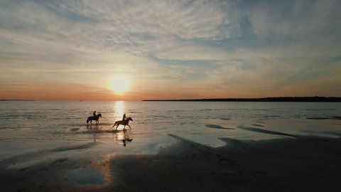 Two GIrls are Riding Horses on a Beach. Horses Run on Water. Beautiful Sunset is Seen in this Aerial Shot. Shot on Phantom 4K UHD Camera.