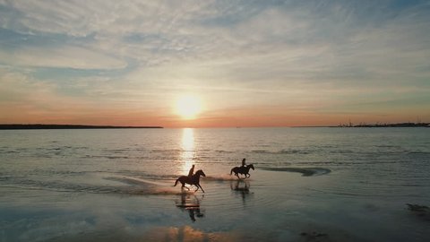 Two GIrls are Riding Horses on a Beach. Horses Race on Water. Beautiful Sunset is Seen in this Aerial Shot. Shot on Phantom 4K UHD Camera.