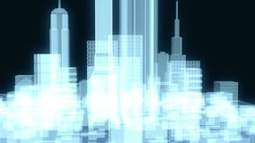 Abstract futuristic city hologram on black background. 3d buildings, skyscrapers in technology style. - Powered by Shutterstock - Get 15% off with code: PIKWIZARD15